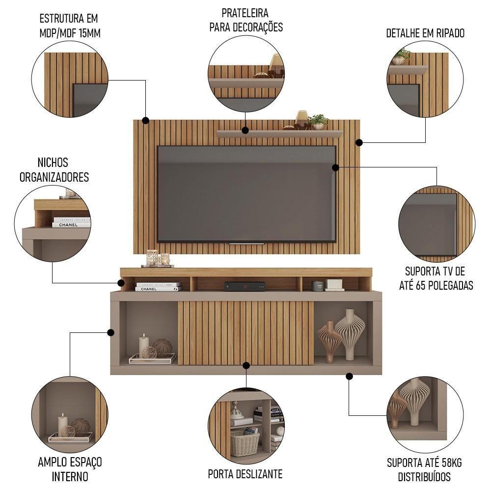 Rack Bancada Com Painel Para Tv 65 Pol. Ripado Krome C01 Buriti/fendi - Mpozenato - 3