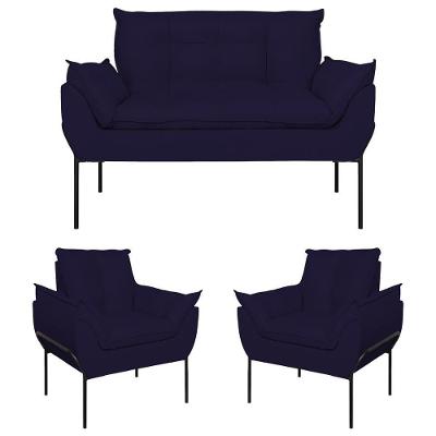 Kit 02 Poltronas + Namoradeira Reforçada Opala Metal Preto Azul Marinho