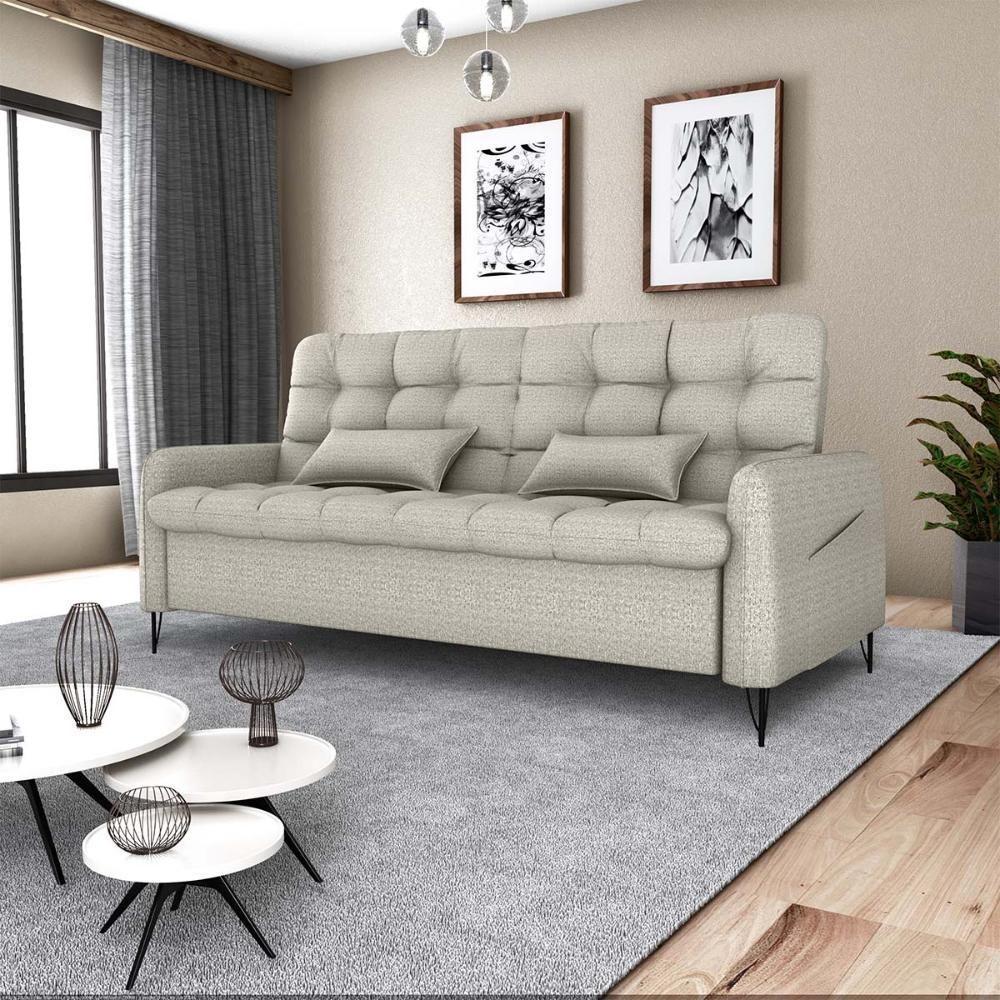Sofá Cama Reclinável Com Almofadas 3 Lugares 200cm Pillar Linho Cinza Matrix Linho Cinza - 5