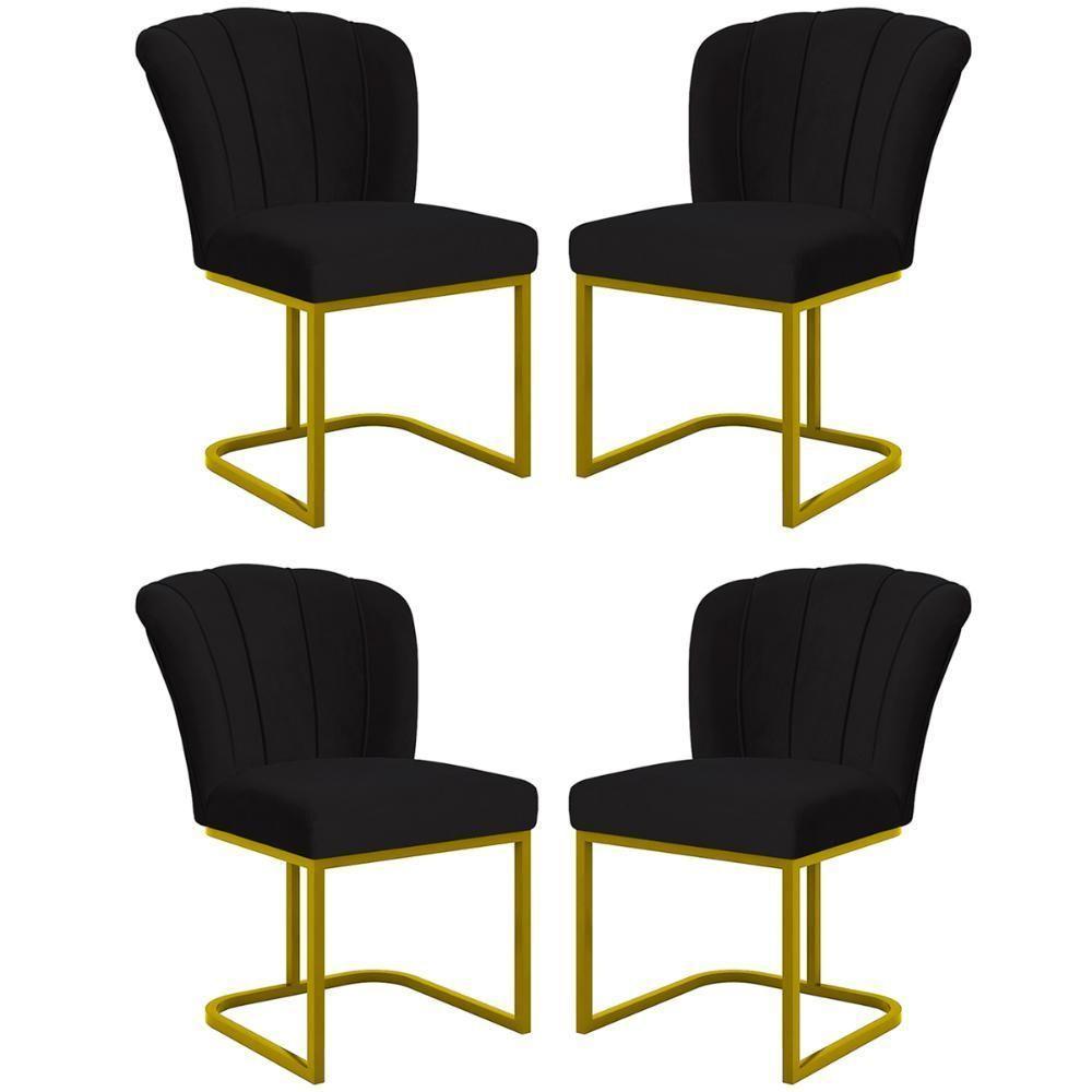 Kit 4 Cadeiras Jantar Flor Mesa Cozinha Reforçada Base Metal Dourada Preto - 1