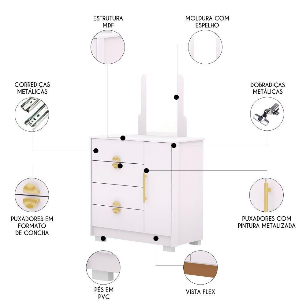 Cômoda Para Quarto 93cm Com Espelho Nara Flex Branco V02 - Mpozenato - 3