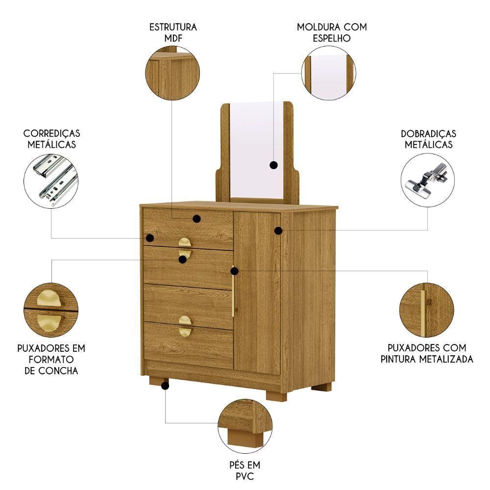 Cômoda Para Quarto 93cm Com Espelho Nara Nature V02 - Mpozenato - 3