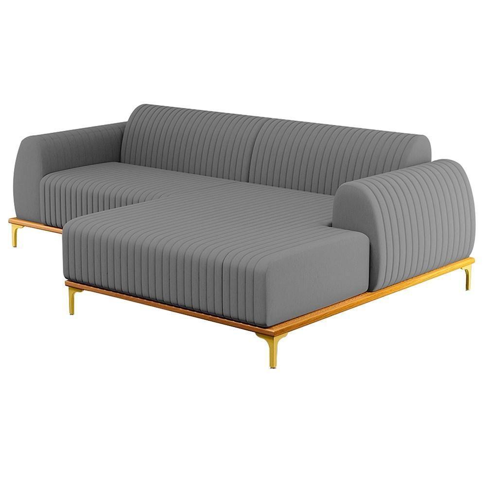 Sofá 230cm 4 Lugares Com Chaise Direito Pés Gold Molino C-416 Linho Cinza Escuro - Domi - 1