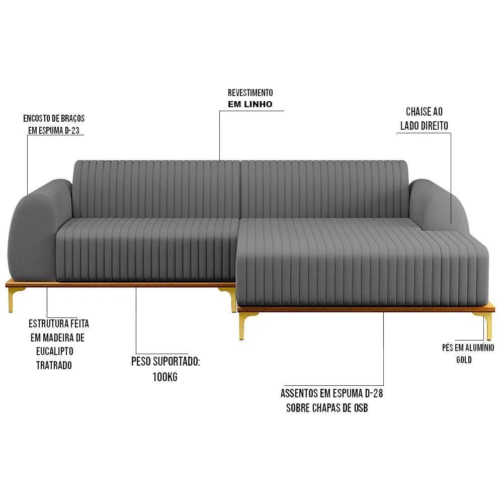 Sofá 230cm 4 Lugares Com Chaise Direito Pés Gold Molino C-416 Linho Cinza Escuro - Domi - 3