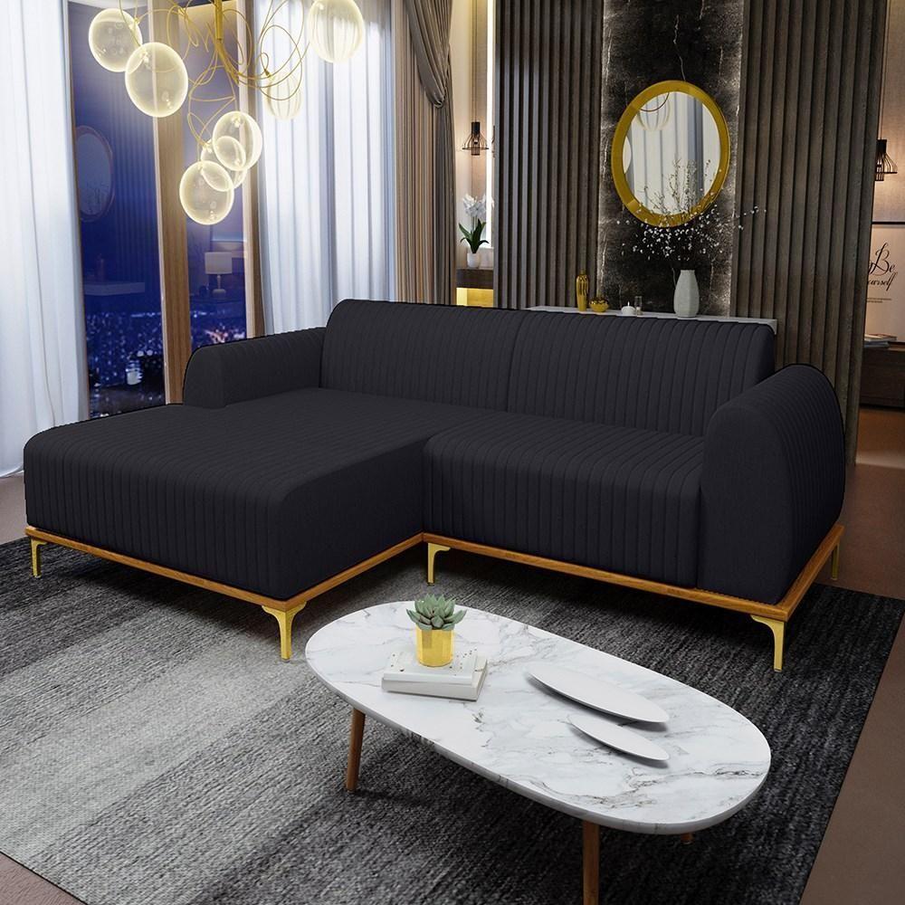 Sofá 230cm 4 Lugares Com Chaise Esquerdo Pés Gold Molino D-465 Linho Chumbo - Domi - 2