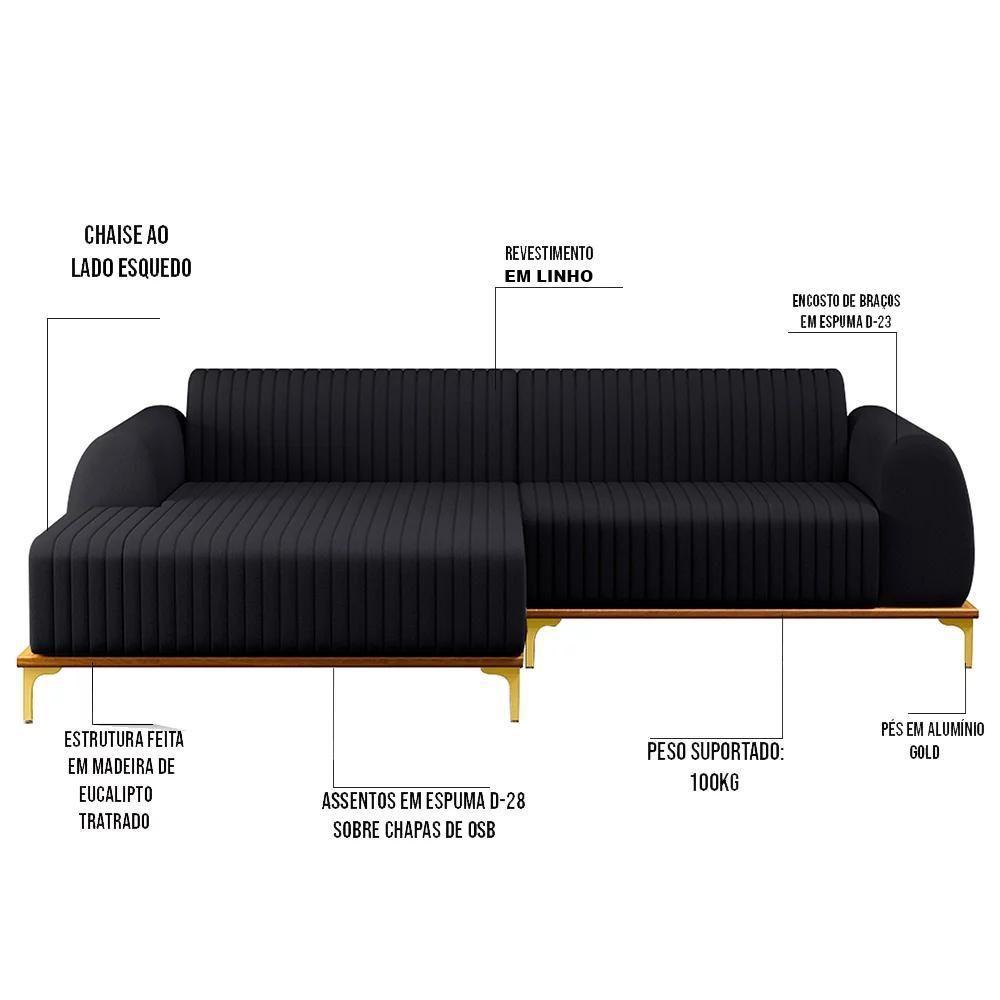 Sofá 230cm 4 Lugares Com Chaise Esquerdo Pés Gold Molino D-465 Linho Chumbo - Domi - 3