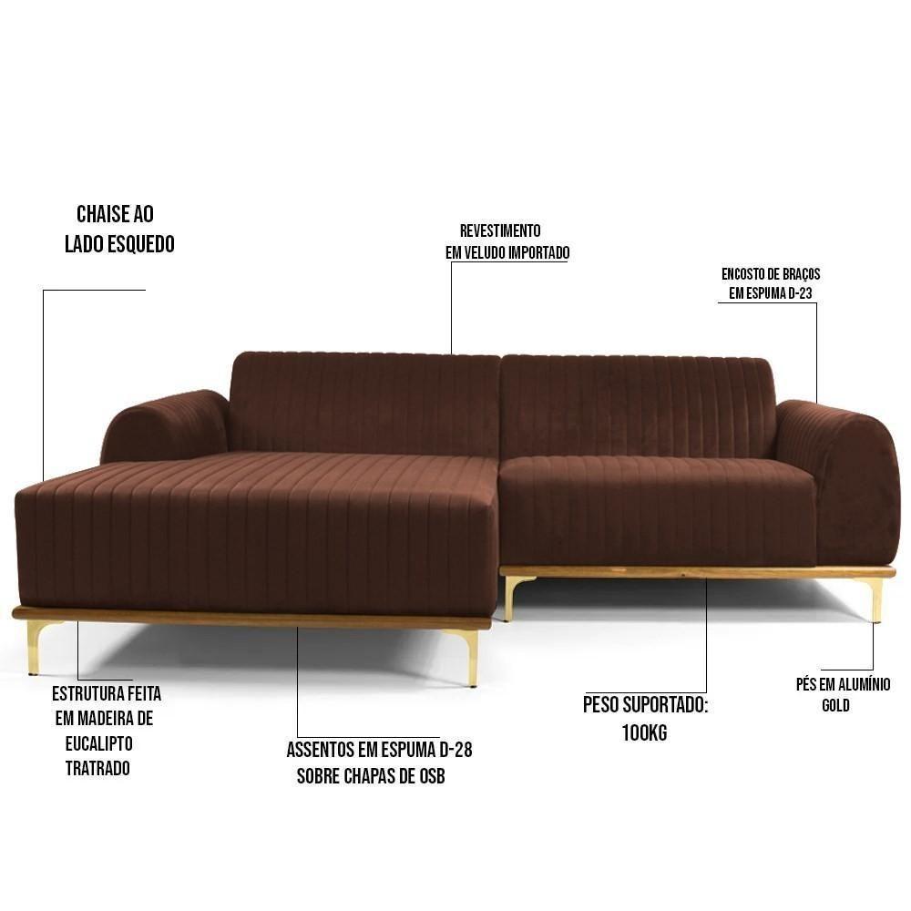 Sofá 300cm 5 Lugares Com Chaise Esquerdo Pés Gold Molino C-276 Veludo Terra - Domi - 3