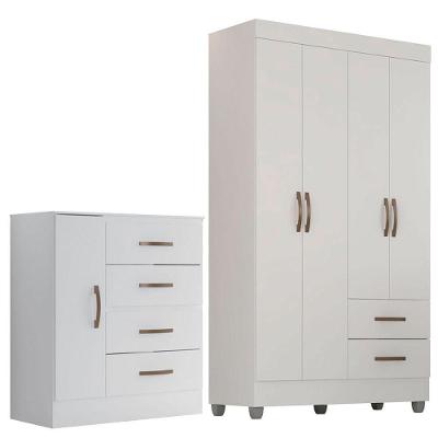 Kit Guarda Roupa Solteiro Lisa 4 Portas de Bater 2 Gavetas em MDP Texturizado Branco