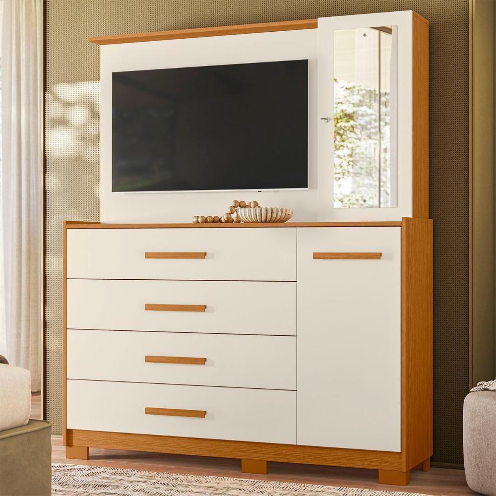 Cômoda Para Quarto Com Painel Tv 43 Pol Azaleia A02 Off-cinamomo - Mpozenato - 2