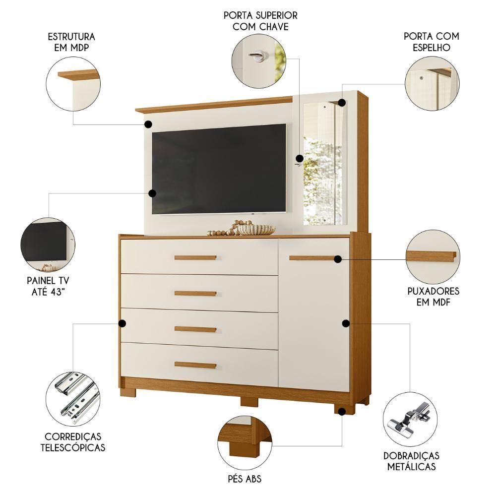 Cômoda Para Quarto Com Painel Tv 43 Pol Azaleia A02 Off-cinamomo - Mpozenato - 3