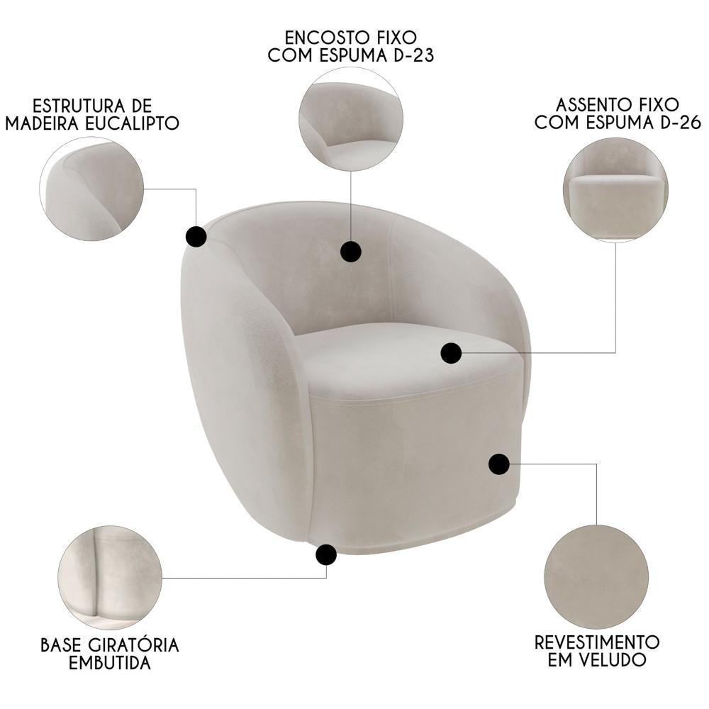 Sofá 2 Lugares Living 160cm E 1 Poltrona Giratória Garbin Z08 Veludo Bege - Mpozenato - 3