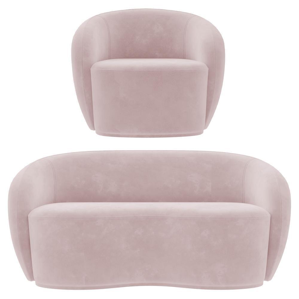 Sofá 3 Lugares Living 180cm E 1 Poltrona Giratória Garbin Z08 Veludo Rosê - Mpozenato - 1