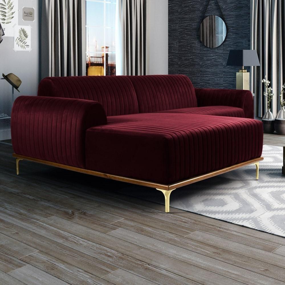 Sofá 350cm 6 Lugares Com Chaise Esquerdo Pés Gold Molino C-278 Veludo Marsala - Domi - 2
