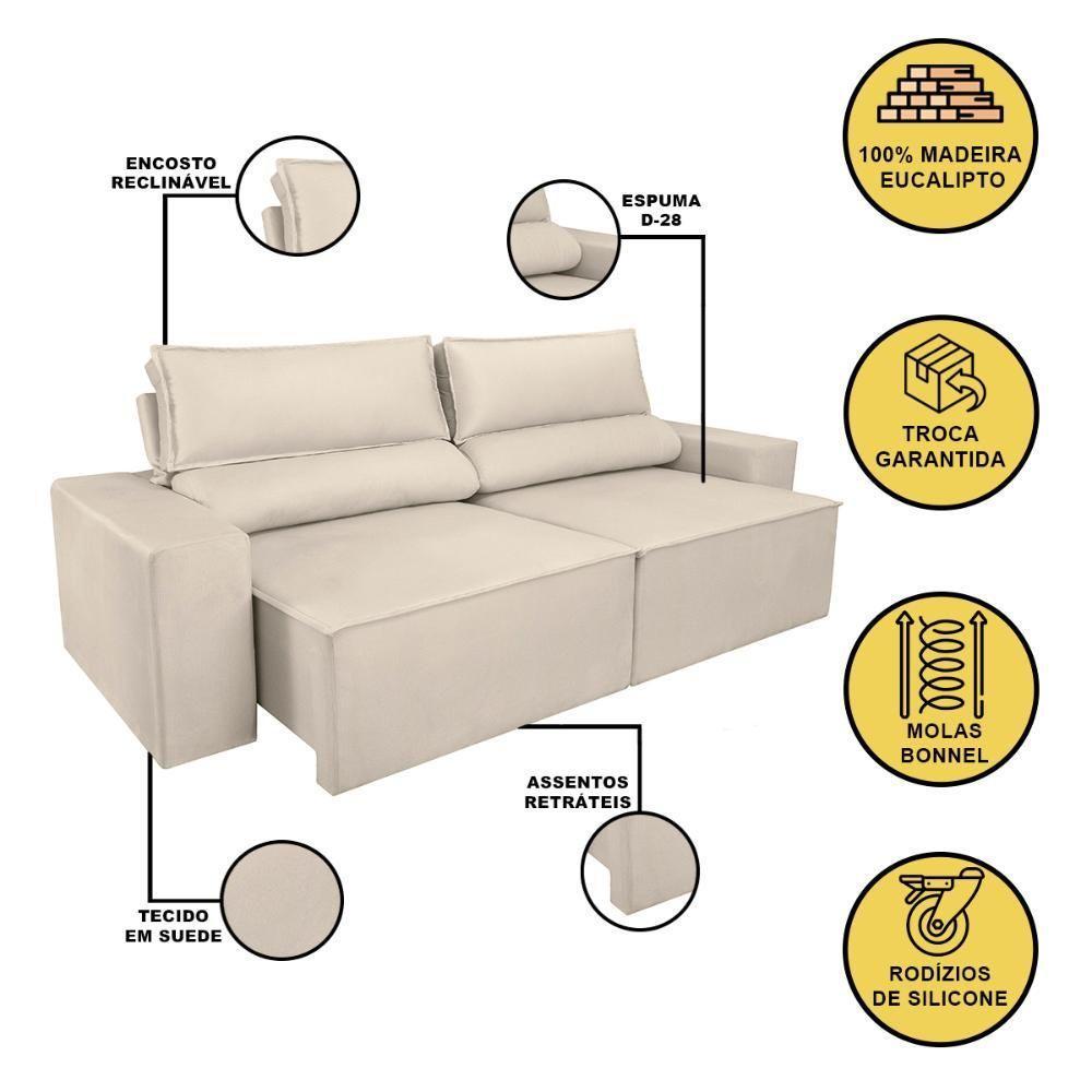 Sofá Reclinável Retrátil 3 Lugares Com Molas Balaqui Decor Bege - 3