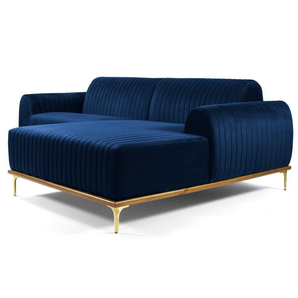 Sofá 350cm 6 Lugares Com Chaise Direito Pés Gold Molino C-304 Veludo Azul Marinho - Domi - 1