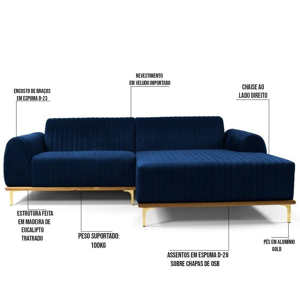 Sofá 350cm 6 Lugares Com Chaise Direito Pés Gold Molino C-304 Veludo Azul Marinho - Domi - 3