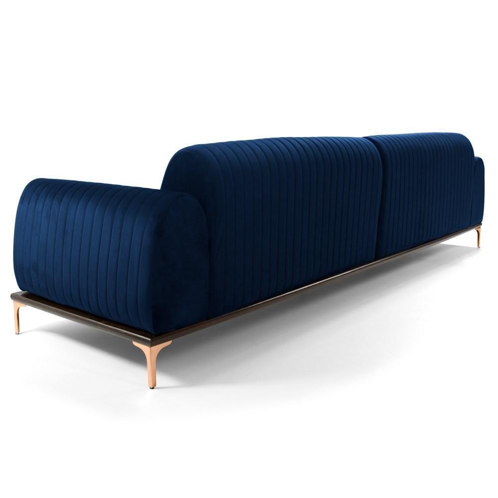 Sofá 350cm 6 Lugares Com Chaise Direito Pés Gold Molino C-304 Veludo Azul Marinho - Domi - 5