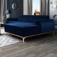 Sofá 350cm 6 Lugares Com Chaise Direito Pés Gold Molino C-304 Veludo Azul Marinho - Domi - 2