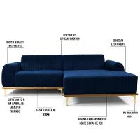 Sofá 350cm 6 Lugares Com Chaise Direito Pés Gold Molino C-304 Veludo Azul Marinho - Domi - 3
