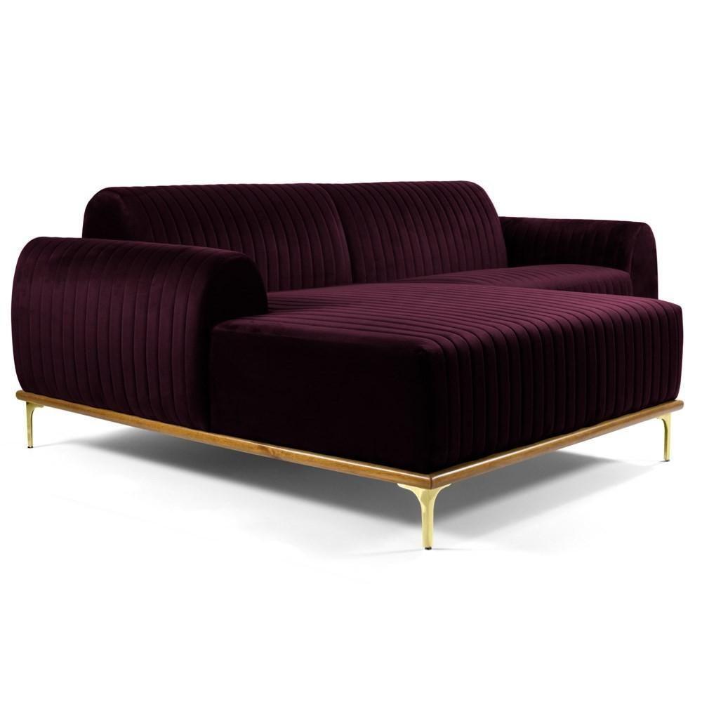 Sofá 255cm 4 Lugares Com Chaise Esquerdo Pés Gold Molino C-292 Veludo Uva - Domi - 1