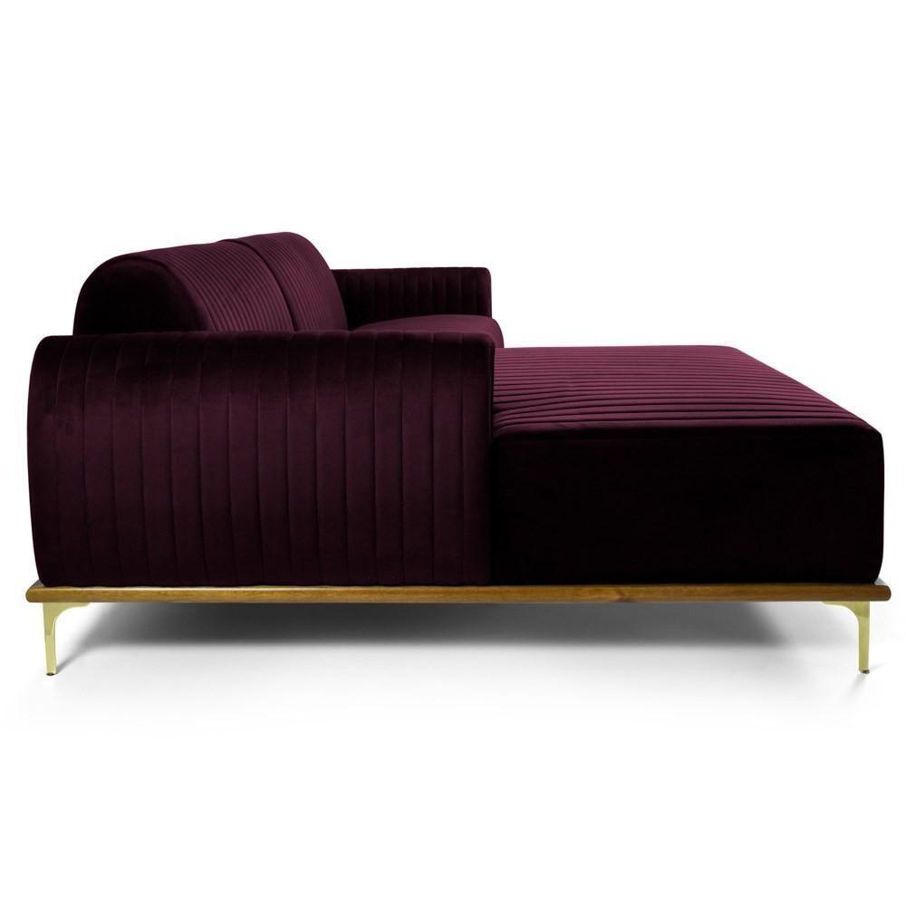 Sofá 255cm 4 Lugares Com Chaise Esquerdo Pés Gold Molino C-292 Veludo Uva - Domi - 6