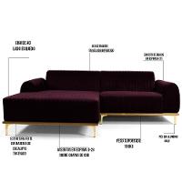 Sofá 255cm 4 Lugares Com Chaise Esquerdo Pés Gold Molino C-292 Veludo Uva - Domi - 3