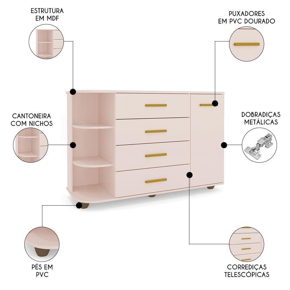 Cômoda Infantil Com Cantoneira E 4 Gavetas 100% Mdf New Lorena Rosê - Phoenix - 3