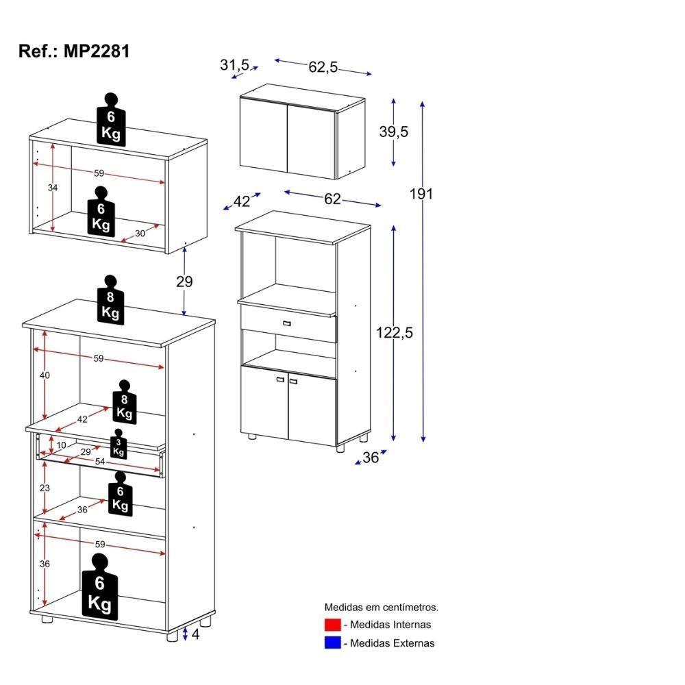 Kit Armário De Cozinha 62,5cm Com Balcão Para Forno/micro-ondas Multimóveis Mp2281 Branco - 4