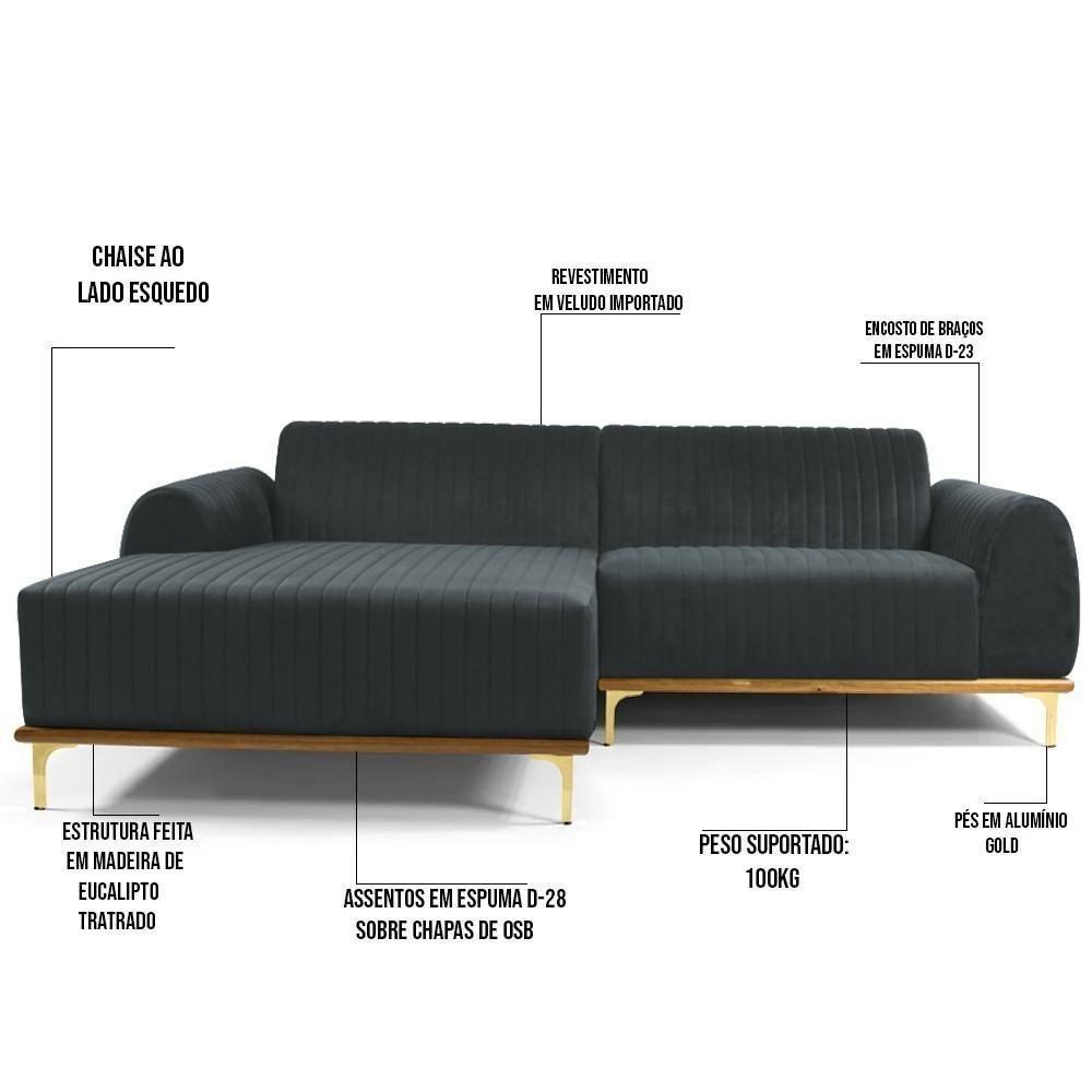 Sofá 300cm 5 Lugares Com Chaise Esquerdo Pés Gold Molino C-317 Veludo Cinza - Domi - 5