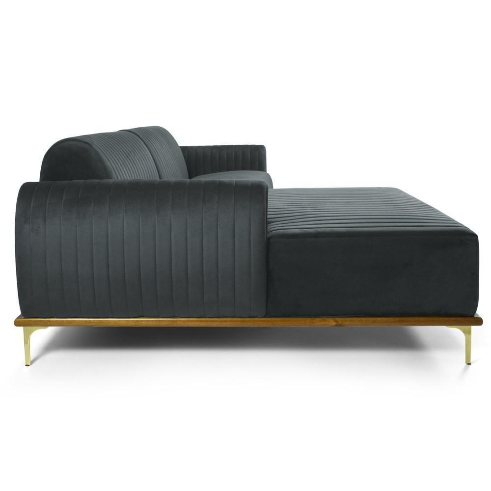Sofá 300cm 5 Lugares Com Chaise Esquerdo Pés Gold Molino C-317 Veludo Cinza - Domi - 6