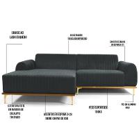 Sofá 300cm 5 Lugares Com Chaise Esquerdo Pés Gold Molino C-317 Veludo Cinza - Domi - 5