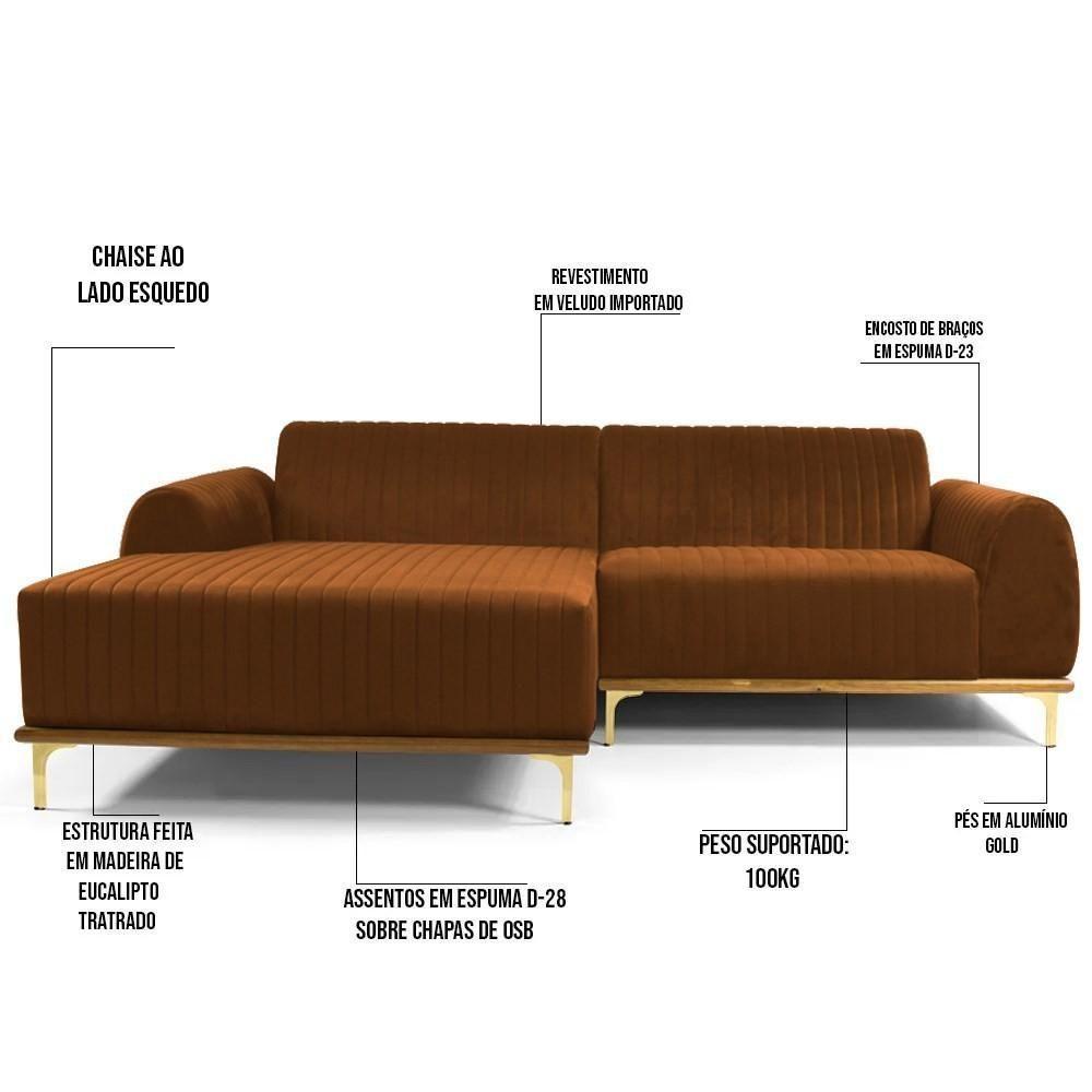 Sofá 230cm 4 Lugares Com Chaise Esquerdo Pés Gold Molino C-262 Veludo Telha - Domi - 3