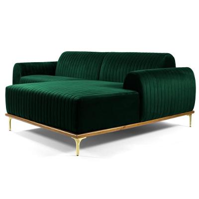 Sofá 350cm 6 Lugares Com Chaise Direito Pés Gold Molino C-303 Veludo Verde Musgo - Domi