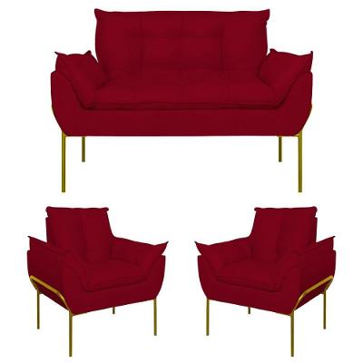 Kit 2 Poltronas + Namoradeira Pé Metal Dourado Recepção Sala Vermelho