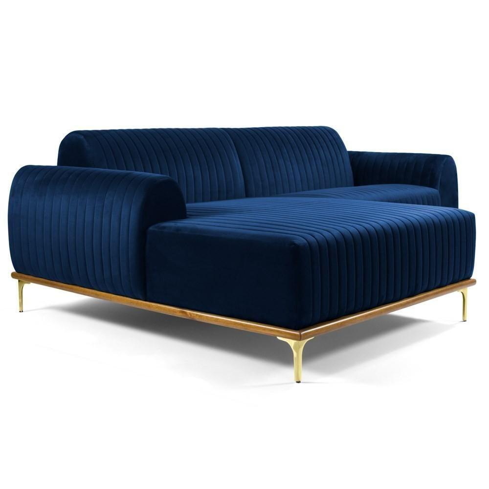 Sofá 350cm 6 Lugares Com Chaise Esquerdo Pés Gold Molino C-304 Veludo Azul Marinho - Domi - 1