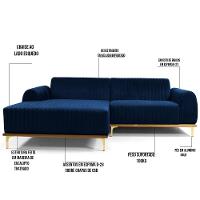 Sofá 350cm 6 Lugares Com Chaise Esquerdo Pés Gold Molino C-304 Veludo Azul Marinho - Domi - 5