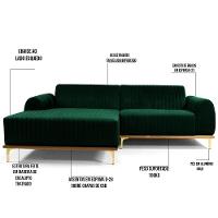 Sofá 320cm 5 Lugares Com Chaise Esquerdo Pés Gold Molino C-303 Veludo Verde Musgo - Domi - 5