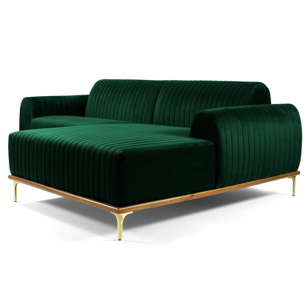 Sofá 300cm 5 Lugares Com Chaise Direito Pés Gold Molino C-303 Veludo Verde Musgo - Domi - 1