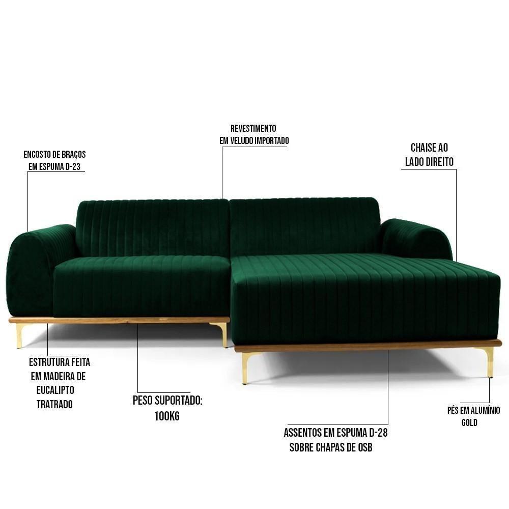 Sofá 300cm 5 Lugares Com Chaise Direito Pés Gold Molino C-303 Veludo Verde Musgo - Domi - 5