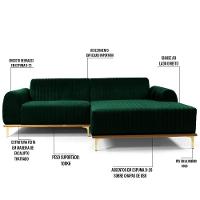 Sofá 300cm 5 Lugares Com Chaise Direito Pés Gold Molino C-303 Veludo Verde Musgo - Domi - 5