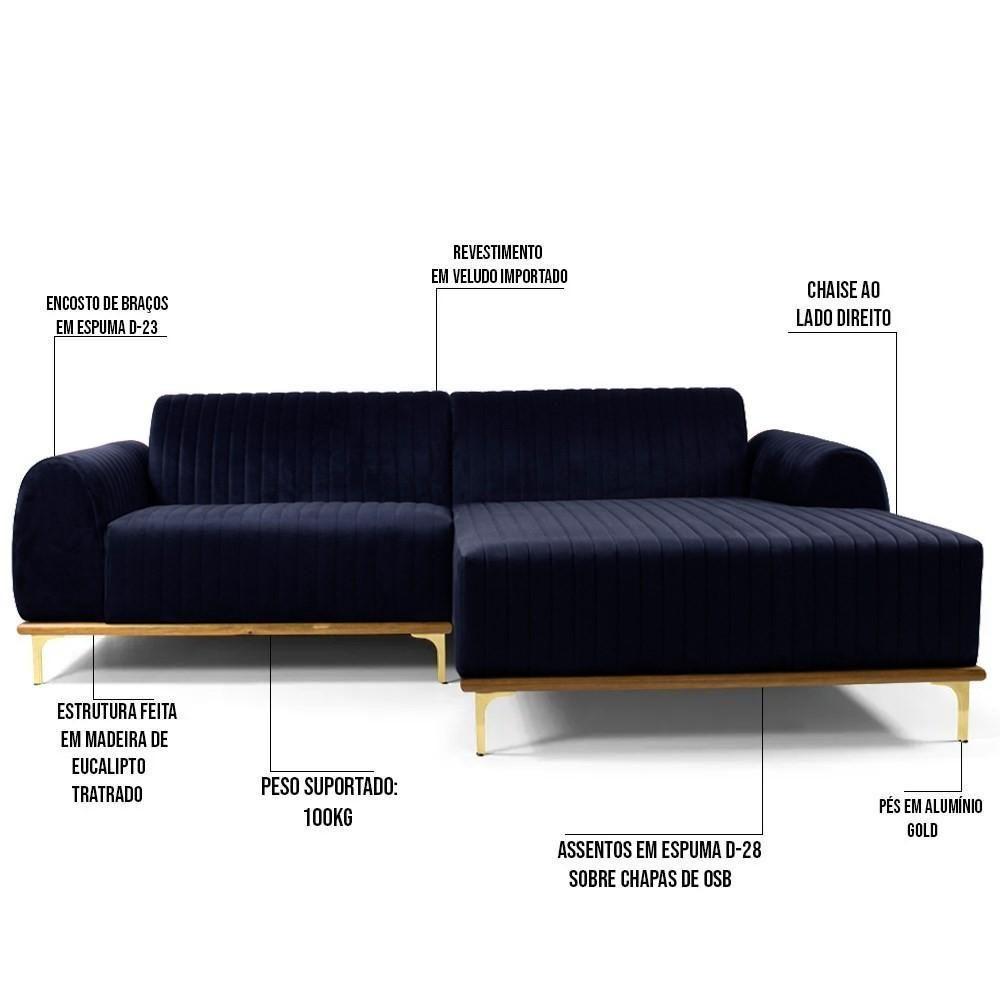 Sofá 230cm 4 Lugares Com Chaise Direito Pés Gold Molino C-287 Veludo Marinho - Domi - 3