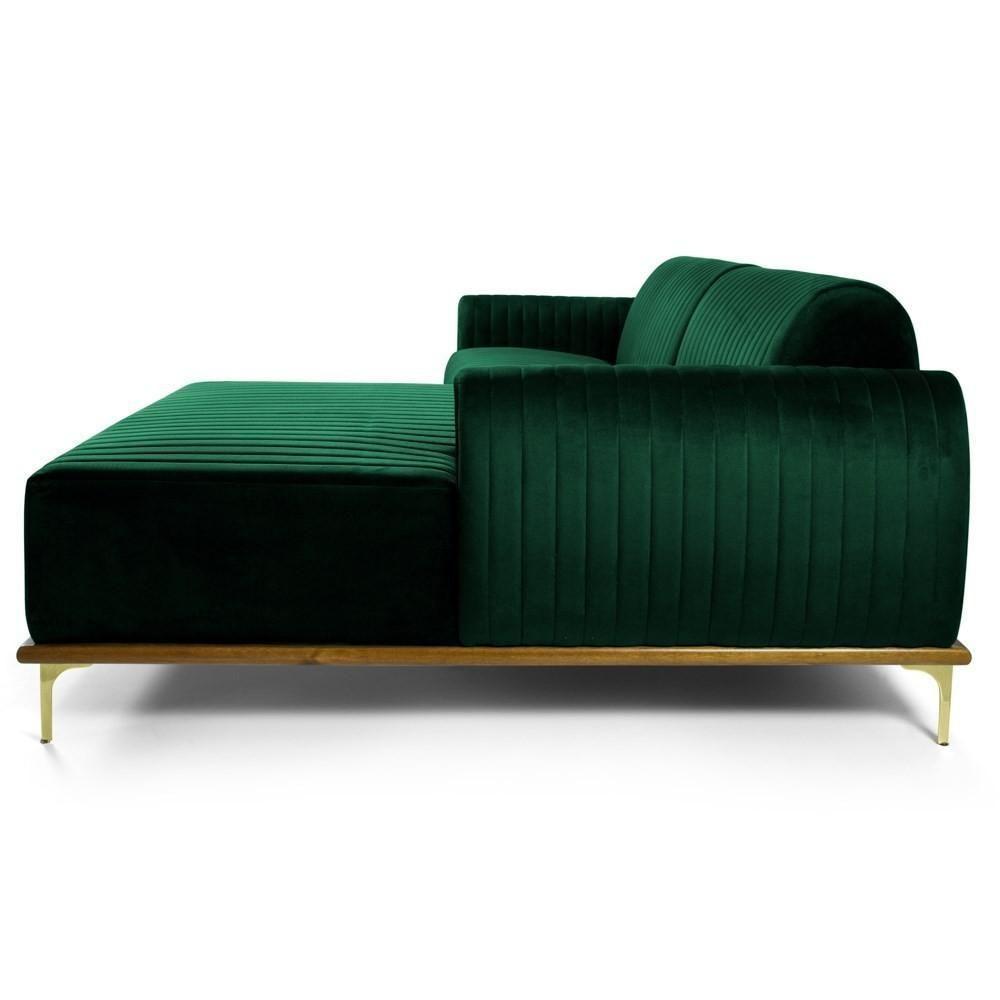 Sofá 265cm 4 Lugares Com Chaise Direito Pés Gold Molino C-303 Veludo Verde Musgo - Domi - 6