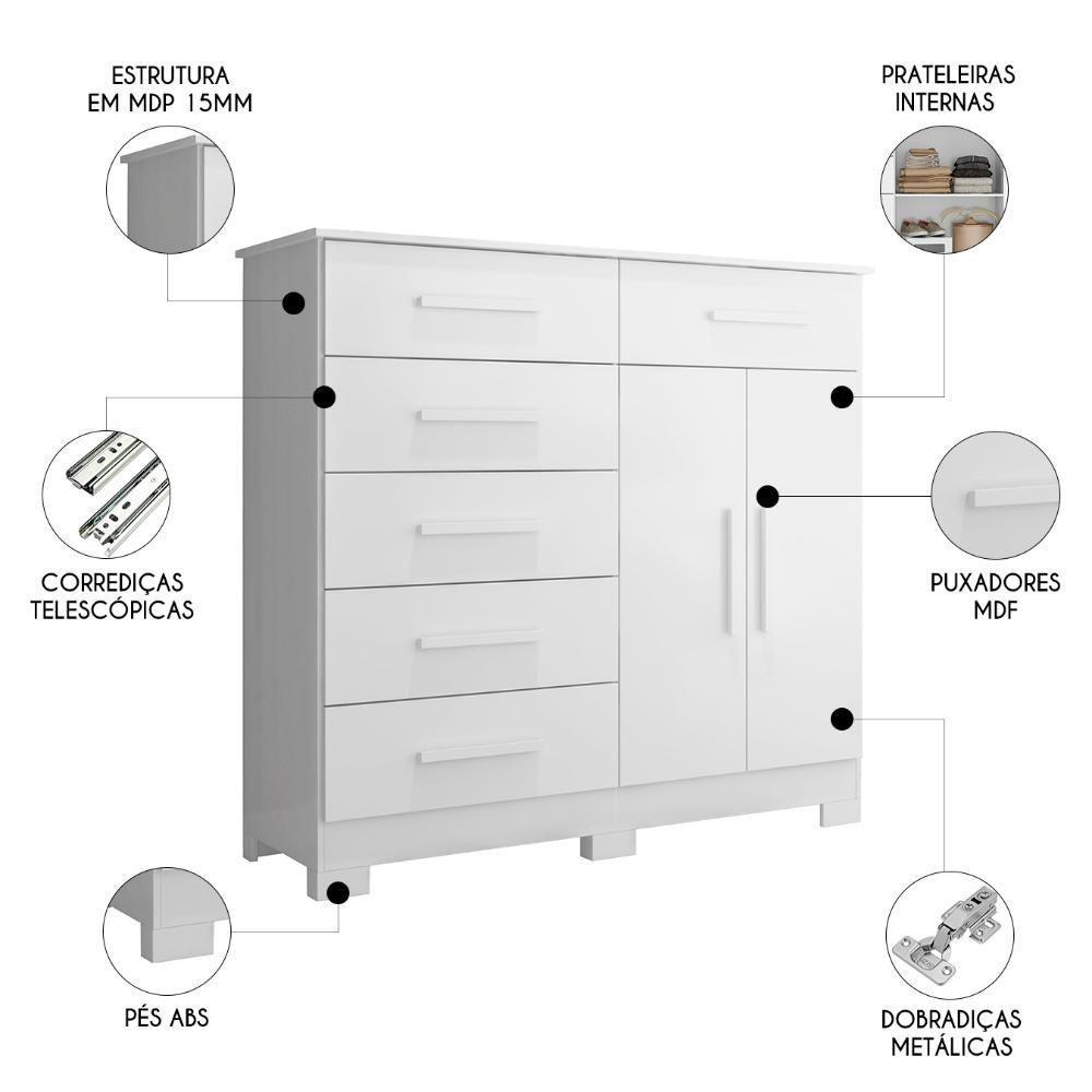 Cômoda Para Quarto 2 Portas 124cm Ester A02 Branco - Mpozenato - 3