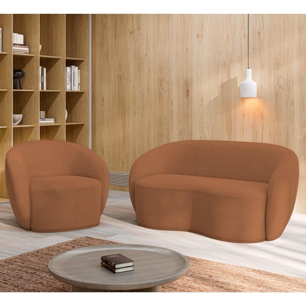 Sofá 3 Lugares Living 180cm E 1 Poltrona Giratória Garbin Z08 Boucle Terracota - Mpozenato - 2