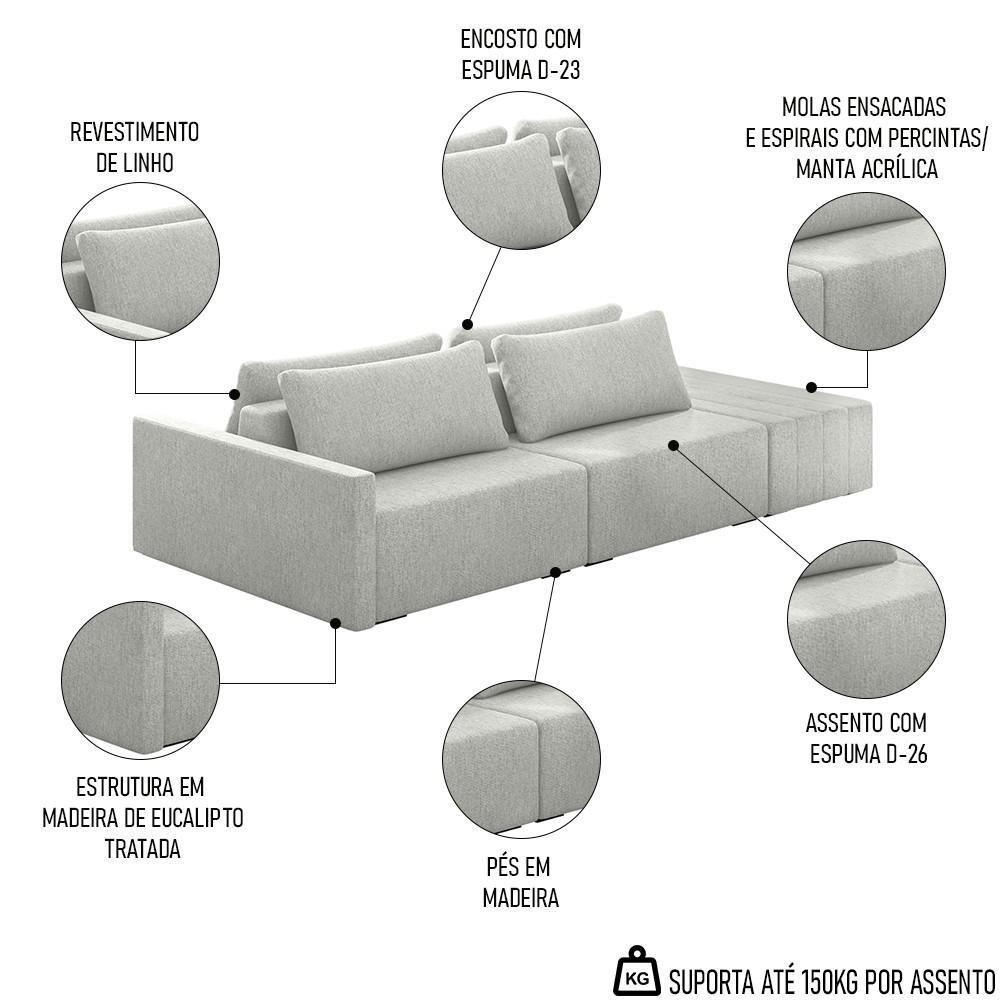 Sofá Ilha Modular Com Puff Para Sala Living 232cm Georgia Z08 Linho Cinza Claro - Mpozenato - 3