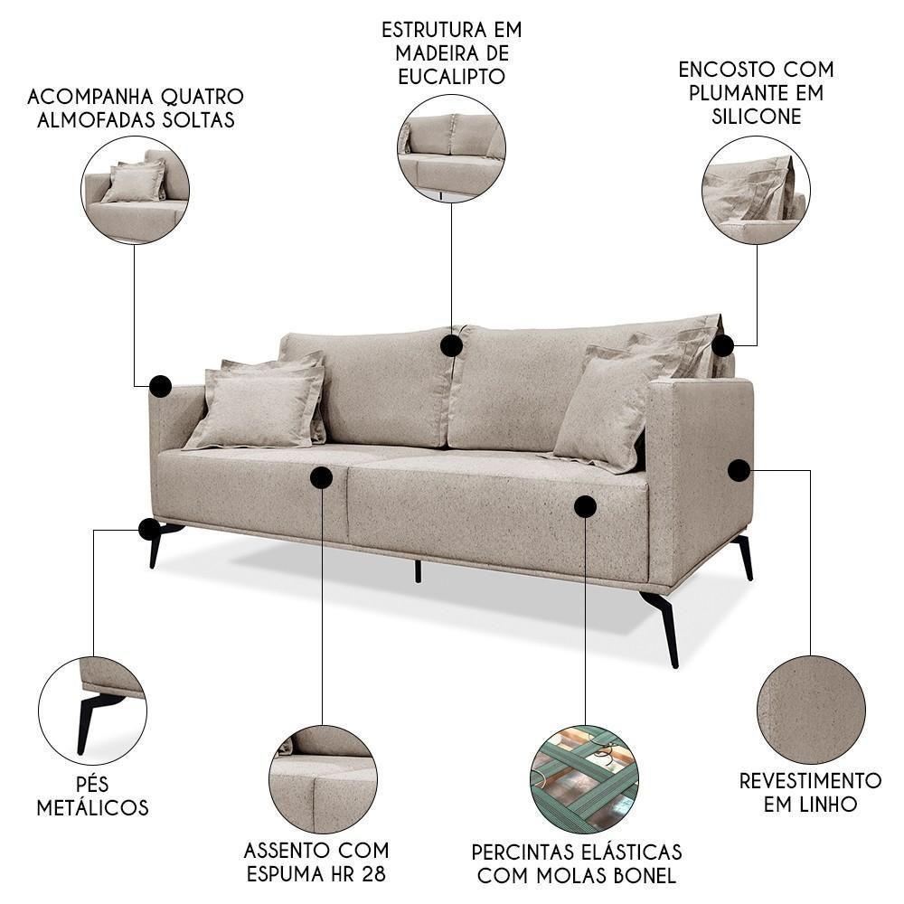 Sofá 2 Lugares 180cm Pés De Metal Vecchia S06 Linho Areia - Mpozenato - 3