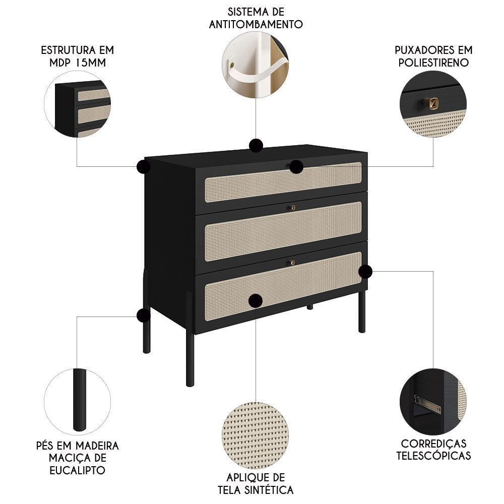 Cômoda Para Quarto 3 Gavetas Pés Madeira Arlo A10 Nero-preto - Mpozenato - 3