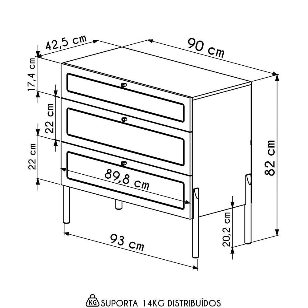 Cômoda Para Quarto 3 Gavetas Pés Madeira Arlo A10 Nero-preto - Mpozenato - 4