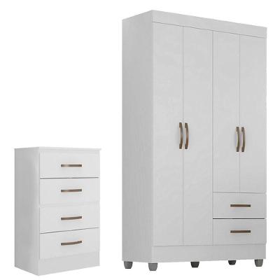 Kit Guarda Roupa Solteiro Lisa 4 Portas de Bater com Cômoda 6 Gavetas MDP Branco