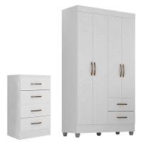 Kit Guarda-roupa Solteiro 4 Portas E Cômoda 4 Gavetas Lisa Branco - 1